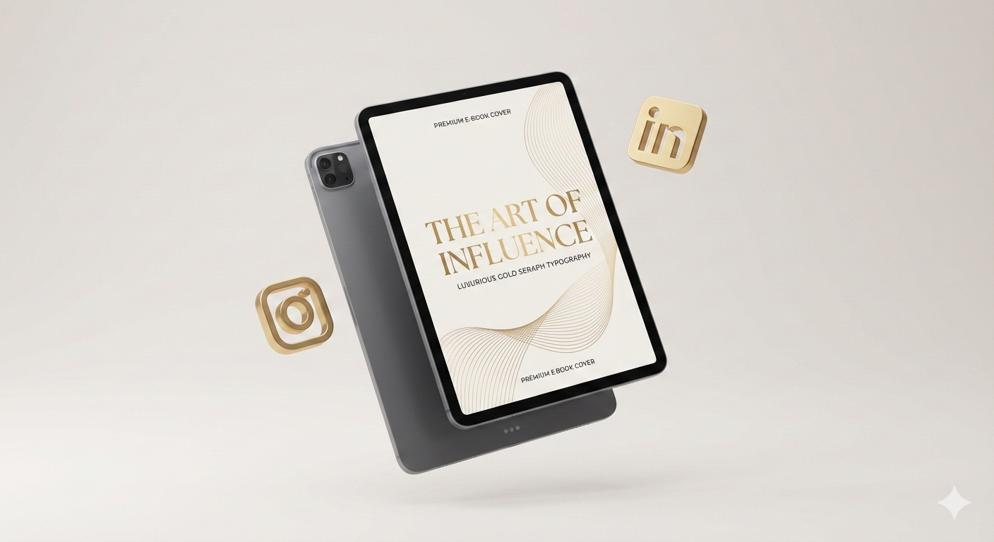 3D digital mockup of an e-book and social media icons representing strategic marketing services.