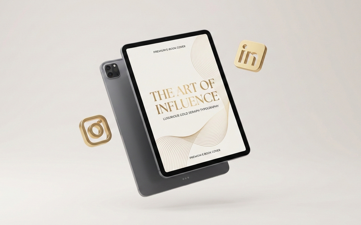 3D digital mockup of an e-book and social media icons representing strategic marketing services.